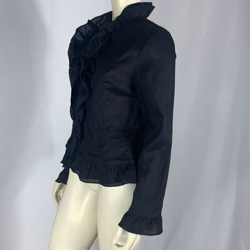 Vintage Y2K Black Ruffled Button Down Linen Top Size 12‎